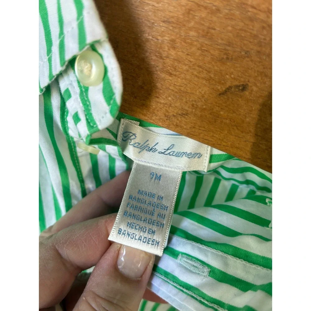 Ralph Lauren Button‎ Down Striped Long Sleeve Baby 9M Green Excellent